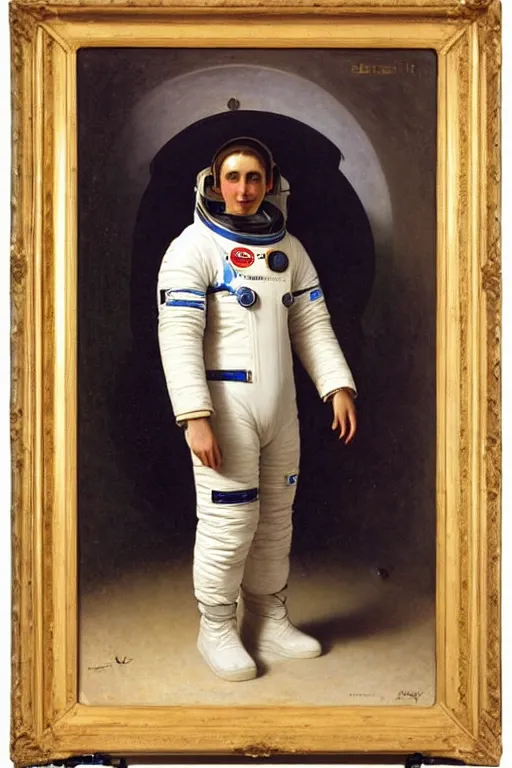 Image similar to a portrait of a male astronaut, wearing a spacesuit and helmet, dressed neatly, by bouguereau
