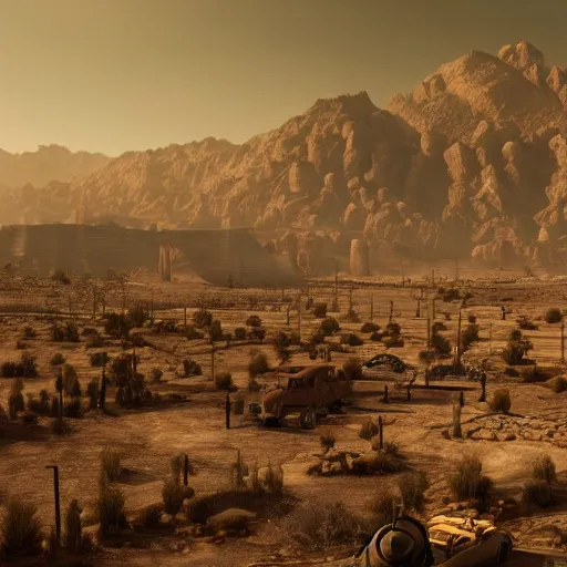 Image similar to Matte painting of of New Vegas in the middle of the Mojave wasteland 4k detailed