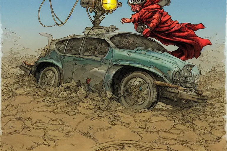 Image similar to a highly detailed garden gnome wearing goggles and head scarf hanging off the back of a car in full speed, wasteland, wide angle, an ultrafine detailed painting by p. craig russell and barry windsor - smith, trending on deviantart, octane, masterpiece