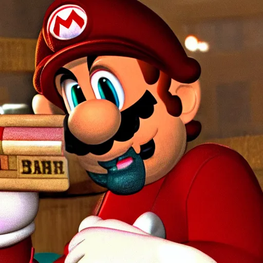 Prompt: super mario sitting in a bar smoking a cigar with bloodshot eyes