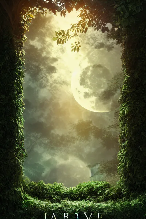 Image similar to book cover artwork!!!, ivy on the right side and left side, high quality fantasy stock photo, unsplash transparent, forest and moon, intricate detail, elegant, hyper realistic, ultra detailed, octane render, volumetric cinematic lighting, 8 k post - production