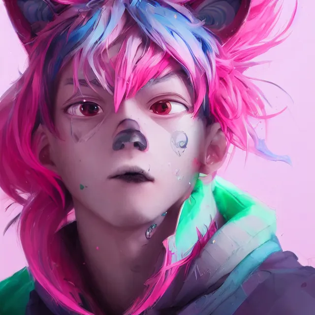 Image similar to a beautiful headshot portrait of a cute anime male boy with pink hair and pink wolf ears and green eyes wearing cyberpunk clothes. character design by cory loftis, fenghua zhong, ryohei hase, ismail inceoglu and ruan jia. artstation, volumetric light, detailed, photorealistic, fantasy, rendered in octane