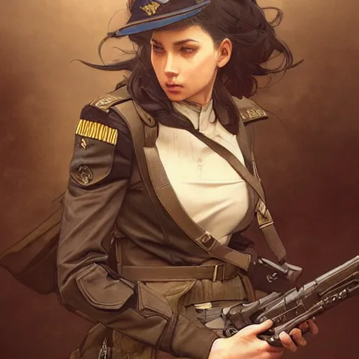 Prompt: adult girl. military uniform, hyper detailed, illustration, digital painting, art by artgerm and greg rutkowski and alphonse mucha, high delicate defined details, highly detailed, realistic, sharp focus