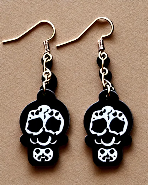 Image similar to spooky cartoon skull, 2 d lasercut earrings,