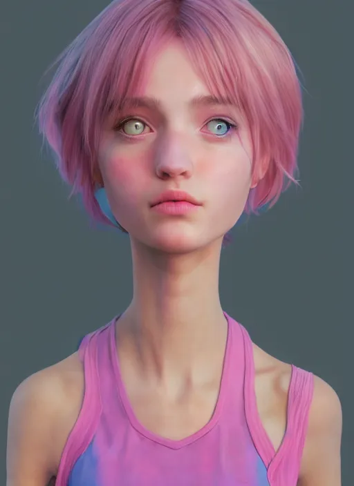Prompt: concept art for the main character in the award winning film named life is better in pink. the character is a unnaturally beautiful teenage girl with deep dark blue eyes and long curled pink dyed hair, wearing light pink clothes. realistic cg render, anatomically correct, high key lighting, trending on art station, vibrant colors.
