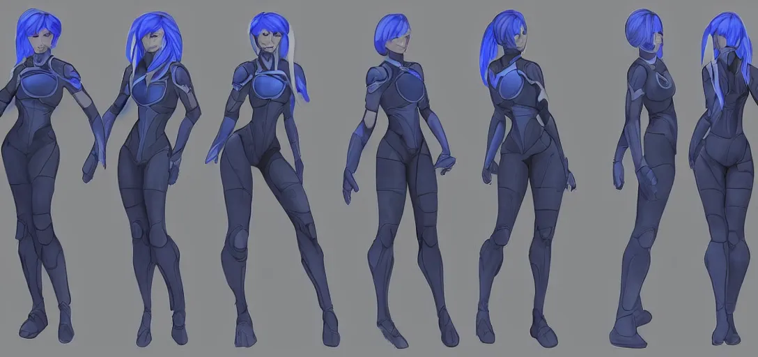 Prompt: character sheet concept art of cortana