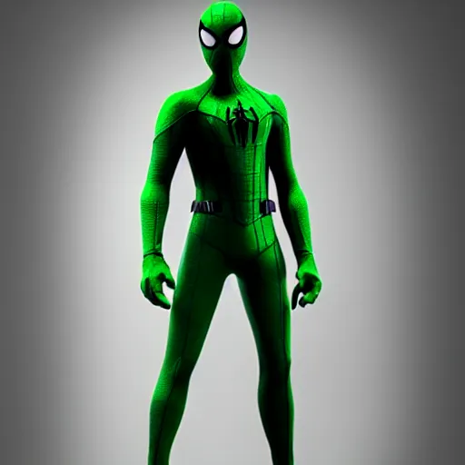 Image similar to green spider - man suit with black web lining, cinematic, volumetric lighting, realistic, hyperdetailed, photorealistic, photograph