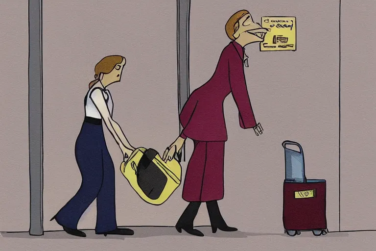 Image similar to tall, security guard checks the bags of a worried looking woman, art, satire