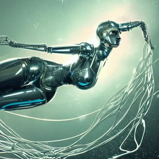 Image similar to a highly detailed digital image of an elegantly posed futuristic robot beautifully swimming, suspended and intertwined from golden liquid like leaves, full body shot, by Andrew Chiampo, artstation, and Frederik Heyman, extremely detailed woman, stunning volumetric lighting, hyper realism, fantasy 4k