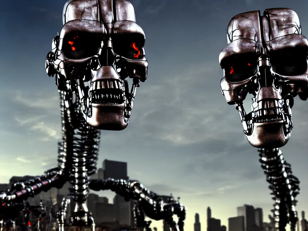 Prompt: terminator endoskeleton close up with a city street background, smoke, fi, chrome, shiny, reflective, metallic, 3 d, render, realistic, hdr, stan winston studios, dramatic lighting, flame colors bright