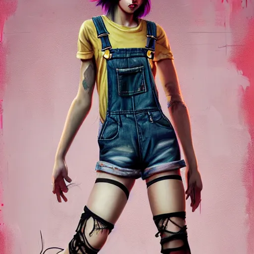 Image similar to full body pose, grungy alice, torn overalls, short shorts, combat boots, fishnets, beautiful, highly detailed face, true anatomy!, extremely detailed!, digital painting, unreal engine 5, art by tom bagshaw