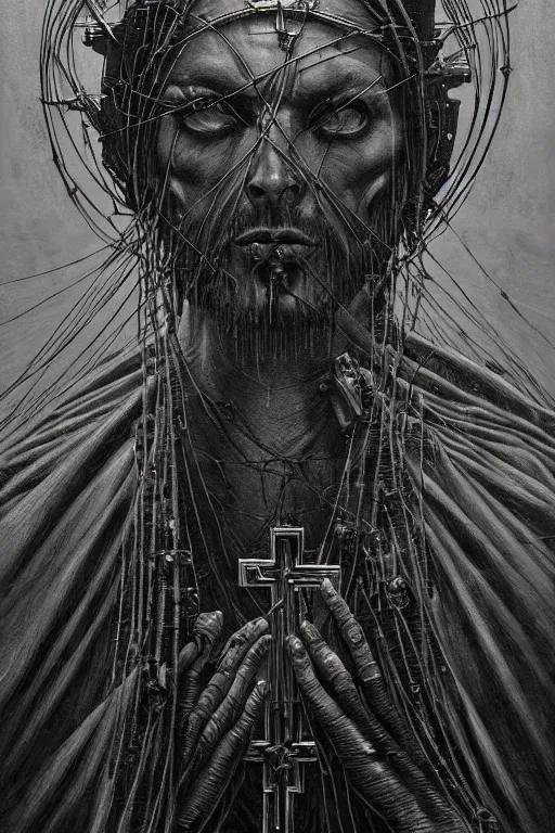 Image similar to a portrait of a cybernetic jesus nailed to a cross, wires, horror art by beksinski and giger and seb mckinnon and josan gonzalez, digital art, highly detailed, intricate, sharp focus, trending on artstation hq, deviantart, pinterest, unreal engine 5, 4 k uhd image