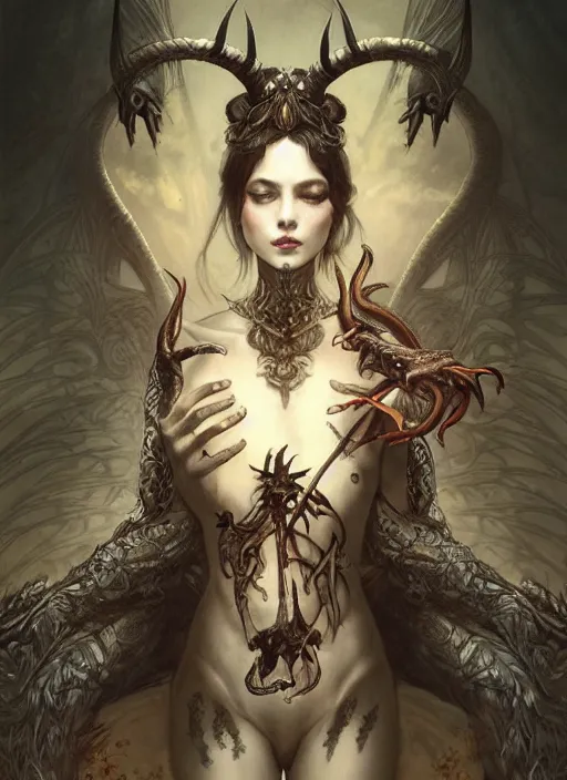 Image similar to a beautiful illustration of a satanic witch with horns in head holding a dragon, intricate, sharp focus, illustration, highly detailed, digital painting, concept art, matte, art by wlop and artgerm and greg rutkowski and alphonse mucha, masterpiece