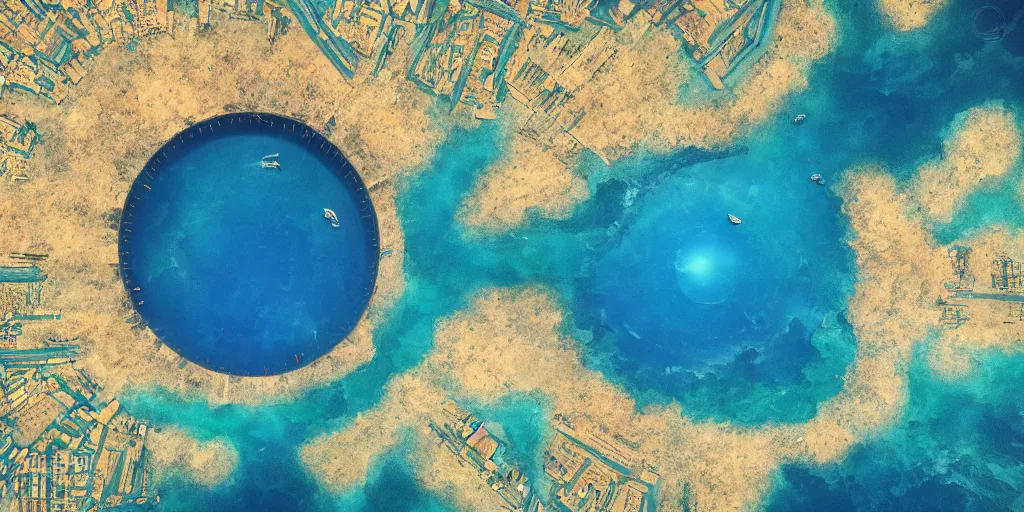 Prompt: a bottomless circular abyss in the ocean with seafaring cities around the outskirts, digital art, moebius, golden hour, aerial perspective, 4k, trending on art station, concept art