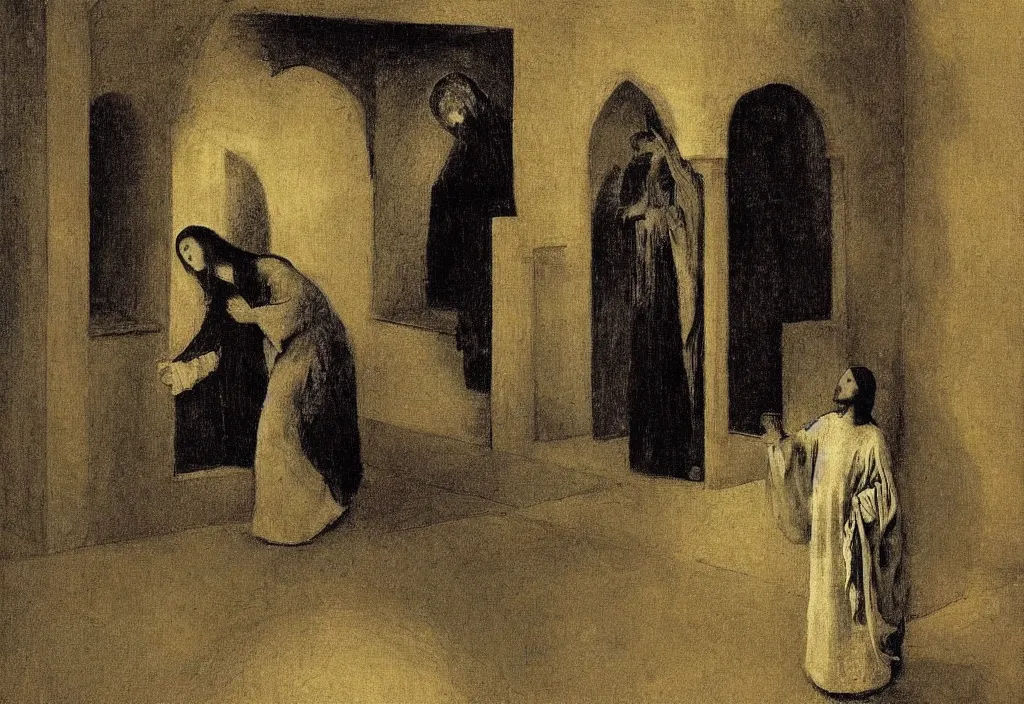 Image similar to the annunciation, by Odilon Redon, by Francisco Goya, by M.C. Escher, oil on canvas, beautiful, eerie, surreal, colorful