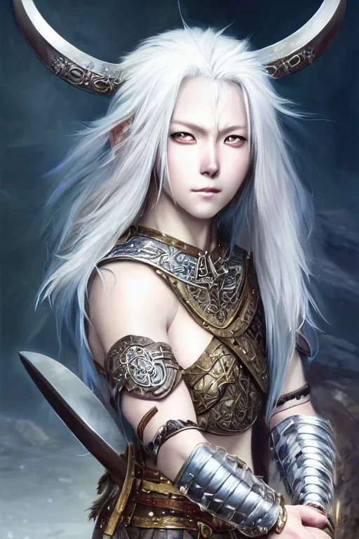 Image similar to A realistic anime portrait of a beautiful white haired female barbarian wearing an intricate viking armor, digital painting, by Stanley Artgerm Lau, Sakimichan, WLOP and Rossdraws, digital painting, painterly, Pixiv, Deviantart, golden ratio, rule of thirds, good composition, HD, 8k, award winning, promo art, splash art, rpg, jrpg, dungeons and dragons, DND, trending on ArtStation