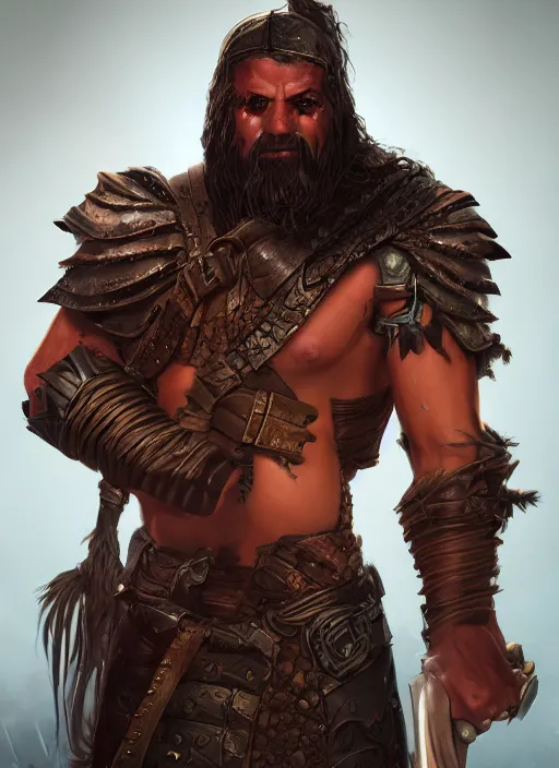 Image similar to A fantasy comic book style portrait painting of a grim barbarian warrior, unreal 5, DAZ, hyperrealistic, octane render, cosplay, RPG portrait, dynamic lighting