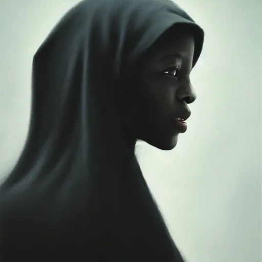 Image similar to a portrait of a young black woman wearing a long dark cloak, hood and shadows covering face, anatomically correct, beautiful perfect face, enigmatic, oil painting, matte painting, black background, Volumetric dynamic lighting, Highly Detailed, Cinematic Lighting, Unreal Engine, 8k, HD, by Beksinski