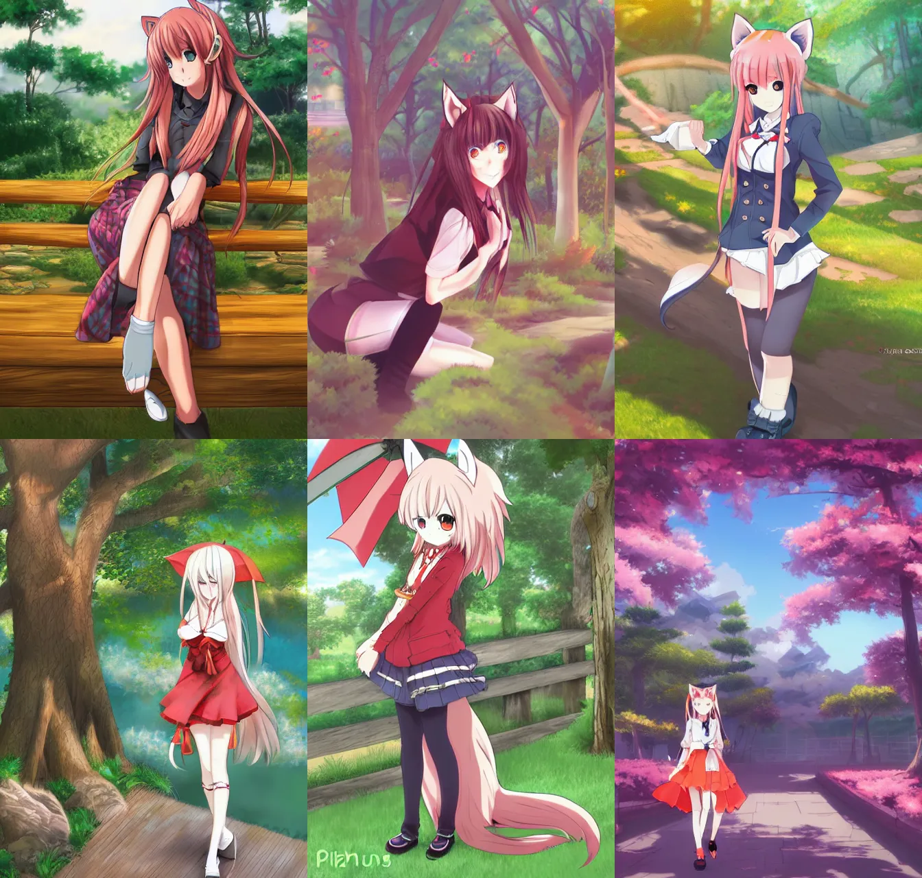 Prompt: anime foxgirl, pixiv park scenery