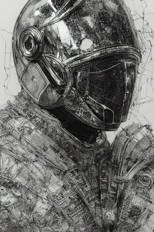 Image similar to portrait of a futuristic masked man with cybernetics and wires on the helmet, pen and ink, intricate line drawings, by craig mullins, ruan jia, kentaro miura, greg rutkowski