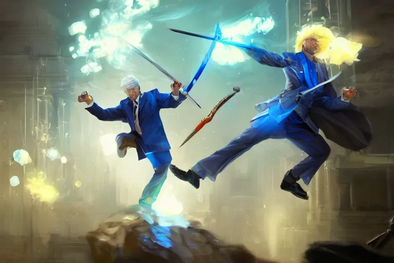 Image similar to a blonde man in a blue suit swinging a sword at an asian man with a sword, d & d, heartstone, digital painting, volumetric light, intricate, sharp, focus, bloom, illustration, highly detailed, concept art, matte, ruan jia, randy vargas, greg rutkowski