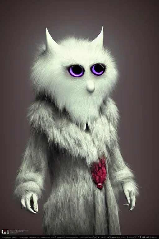 Image similar to 3 d model of adorable evil white fur monster with glowing eyes by alexander jansson : 1 | ray tracing, studio lighting, centered, dark matte background : 0. 9 | by jim henson : 0. 7 | dave melvin : 0. 4 | unreal engine, deviantart, artstation, octane, finalrender, concept art, hd, 8 k resolution : 0. 8