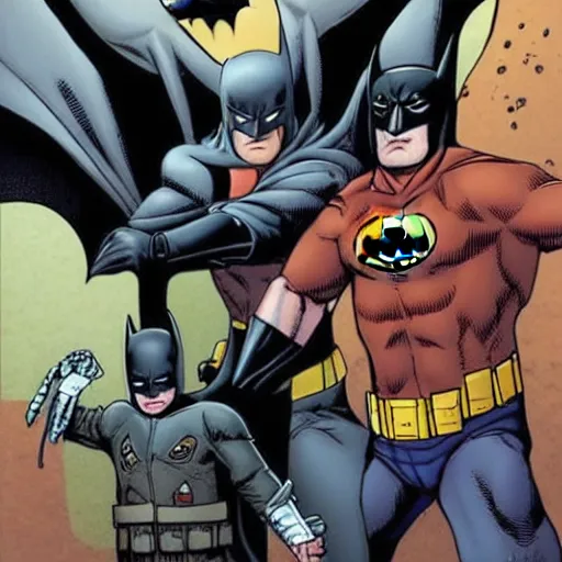 Prompt: Batman is just three kids in a trenchcoat