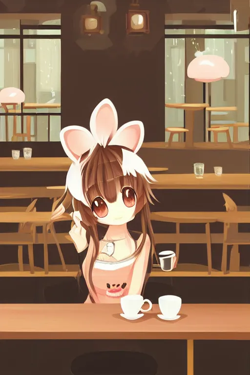 Image similar to detailed painting of a cute character with animal ears relaxing inside a cafe, vector art by kobaruta and shinonoko, featured on pixiv, romanticism, warm lighting, 2 d game art, flat shading, pixiv