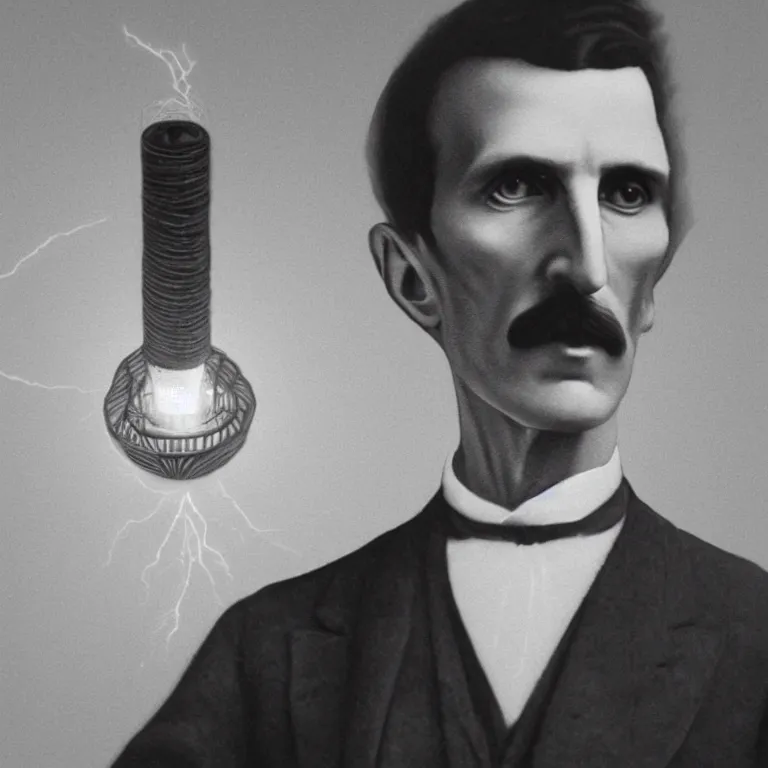 Image similar to Portrait of Nikola Tesla near the giant coil with lightings, photorealistic