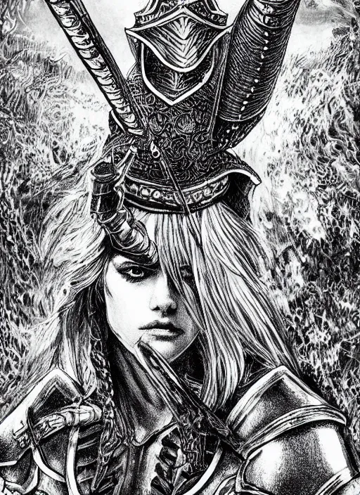 Image similar to Alexandra Daddario as a knight, highly detailed, black and white, manga, art by Kentaro Miura