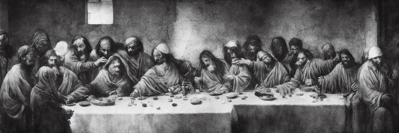 Image similar to Award Winning Editorial 84° wide-angle picture of a Tramps with bowed heads in a Soup Kitchen by David Bailey and daVinci, called 'The Last Supper', 85mm ND 5, perfect lighting, gelatin silver process