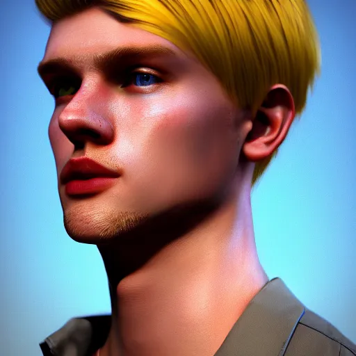 Prompt: A videogame portrait of a blond young Irish man. Male model. Dressed in 1980s style. Highly detailed, fine Art, high detail, great lighting, 8k resolution, masterpiece, concept art, illustration, clear eyes, painting oil on canvas, octane render, HDR, trending on artstation, 4k, 8k, HD