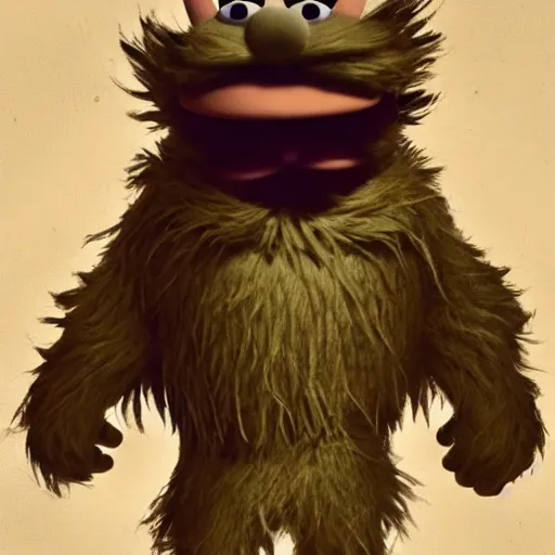 Image similar to a still of a forgotten muppet character looking very manly and modern, hilarious, laughing, hairy chest, huge chin, manly monster tough guy, roughled fur, photo real, photographic, photograph, artstation, trending, featured