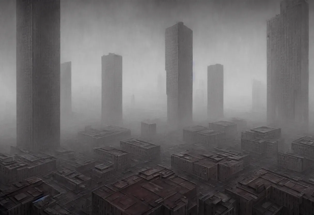 Prompt: beautiful render, soviet brutalist city, brutalism, architecture 60s, skyscrapers, blocks, streets, greyscale, depressing,, elegant, highly detailed, digital painting, artstation, concept art, smooth, sharp focus, octane render, fog, hoplessness, dramatic lighting, art by greg rutkowski and wlop and artgem and zdzislaw beksinski