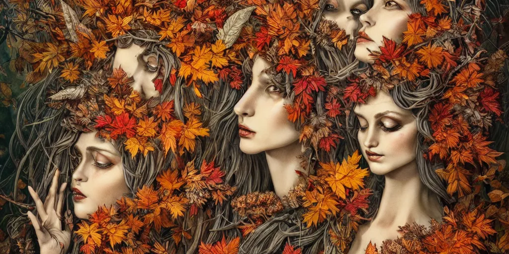 Image similar to breathtaking detailed concept art painting of goddesses of autumn by beto val, vintage illustration pattern with bizarre compositions blend of plants and stems and leaves, exquisite detail, extremely moody lighting, 8 k