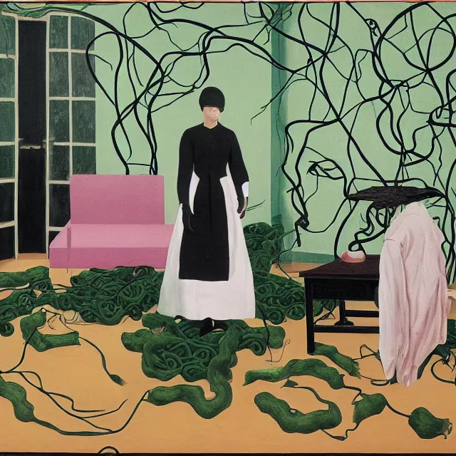 Image similar to a female pathology student in her apartment, wrapped in vines, medical equipment, stepping stones, octopus, pig, black walls, ikebana, black armchair, sculpture, acrylic on canvas, surrealist, by magritte and monet