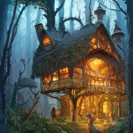 Prompt: a storybook illustration of a ramshackle multistory fairytale hut in the forest, intricate, elegant, atop chicken legs, in forest, fantasy, highly detailed, digital painting, concept art, sharp focus, trending on artstation