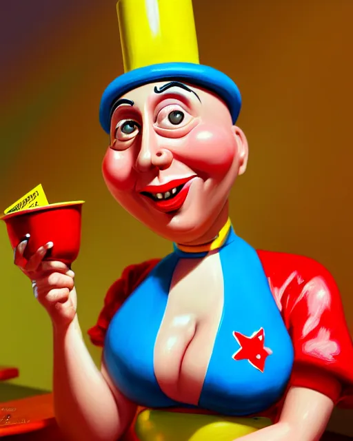 Prompt: closeup profile face profile portrait of a tin toy schlitzie as a waitress in a diner, bikini, hyper realistic, artstation, illustration, concept art by dan decarlo, digital paint, matte paint, vivid colors, bright, cheerful, detailed and intricate environment