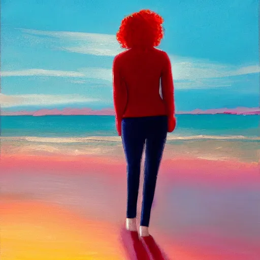 Image similar to lonely young woman with red hair, magenta coat, and light blue pants ; wandering a beach at sunset with a city skyline on the horizon, oil painting, warm lighting, swimming pool in foreground