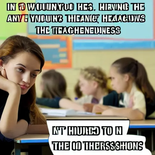 Prompt: in this meme, a young woman is sitting in a classroom with her head down on her desk. the text above her reads,