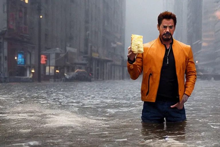 Image similar to tony stark holding cheese, flooded, new york, fog