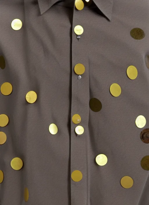 Prompt: realistic catalogue store photo of a a shirt made of wood, covered with brass dots on a neutral grey background, centered composition, big margins, museum archive photo, 1 9 8 0, amazon website