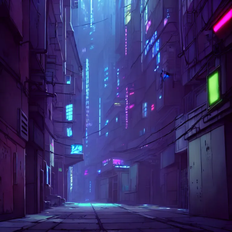 Image similar to city alleyway in the atmospheric cyberpunk anime film, gouache matte background painting, neon noir, at night with lights, by makoto shinkai, in the anime series ergo proxy, beautiful specular edge highlights and rim lighting