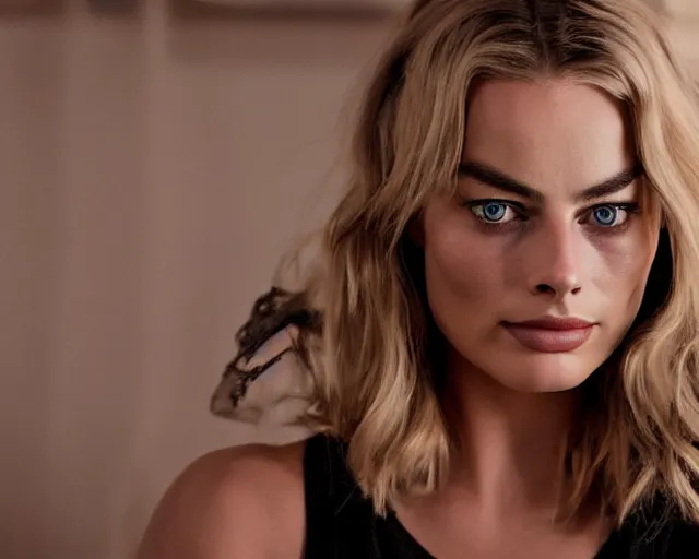 Image similar to a beautiful mix of margot robbie and bar refaeli, hyper realistic face, beautiful eyes, cinematic, long shot, hyper detailed, 8 5 mm photograph, 8 k resolution, film still, sharp lens, wide lens