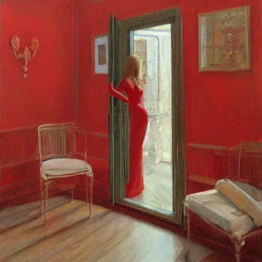 Prompt: woman wearing red, in a ( white room ), by donato giancola.