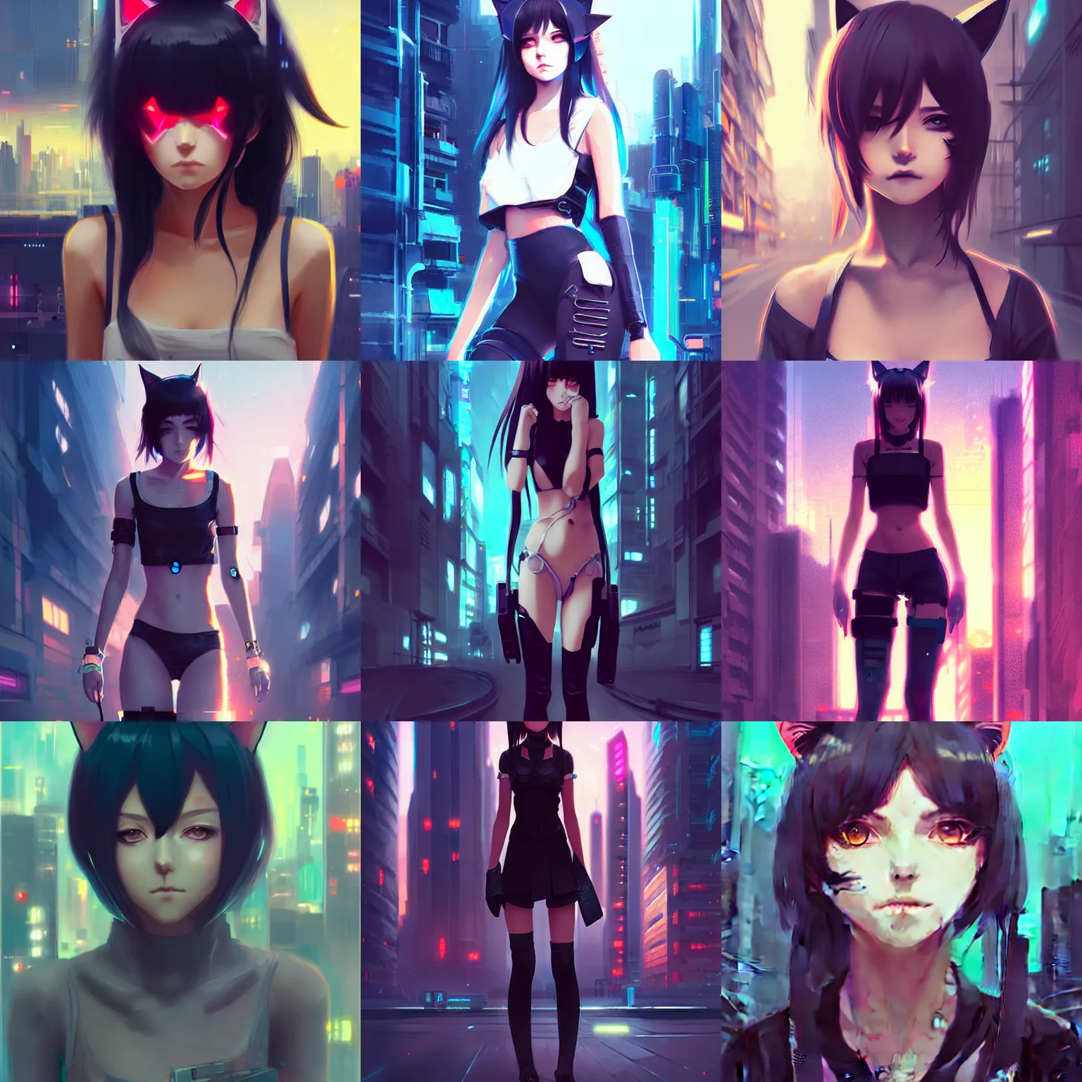 Prompt: cute anime catgirl in cyberpunk city cat ears illustration style of digital art by greg rutkowski