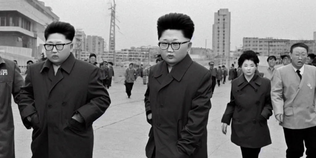 Prompt: kim jong - il walking in 1 9 6 0 s pyongyang, epic thriller in the style of ghost in the shell by mamoru oshii