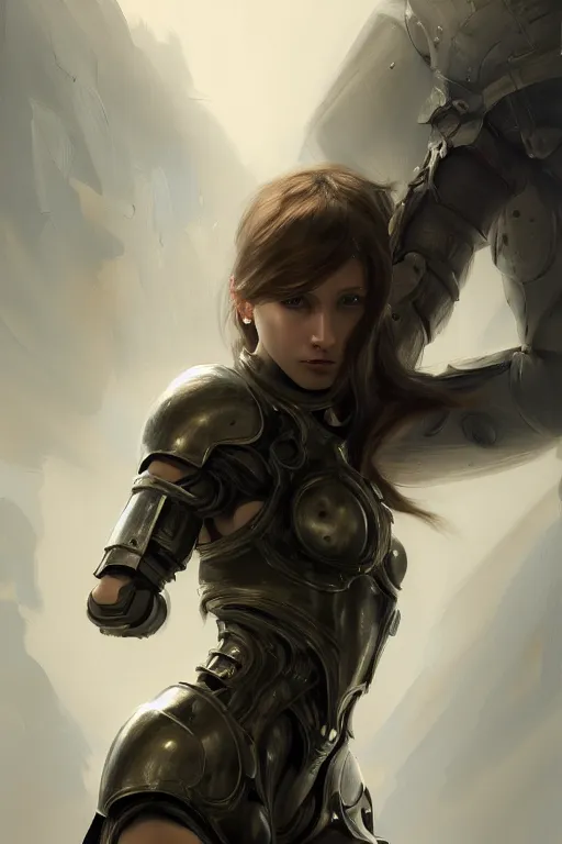 Image similar to a photorealistic painting of an attractive young girl, partially clothed in stealth-like battle armor, olive skin, long dark hair, beautiful bone structure, symmetrical face, perfect eyes, intricate, elegant, digital painting, concept art, illustration, sharp focus, minimal artifacts, from Metal Gear, in the style of Ruan Jia and Mandy Jurgens and Greg Rutkowski, trending on Artstation, award winning