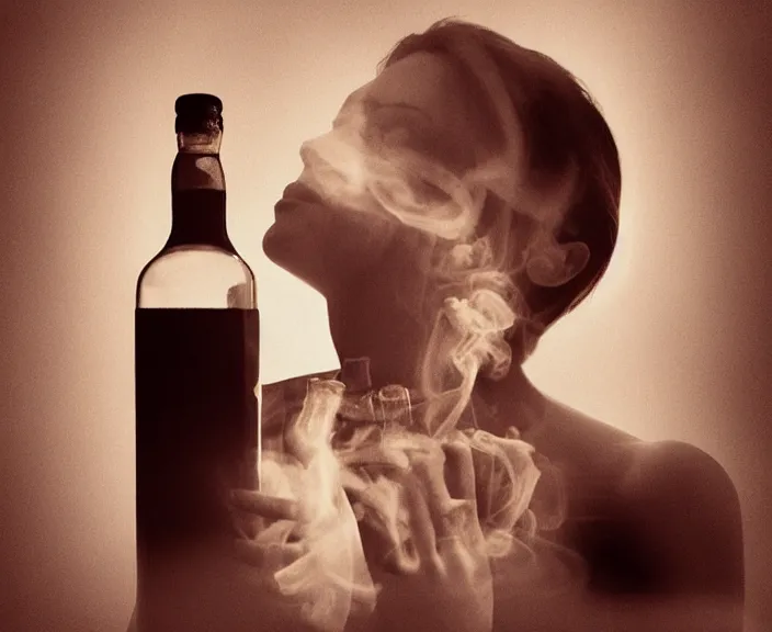 Image similar to the smoking woman in the bar with wisky bottle, 35mm double-exposure photo, dramatic soft light, deep shadows and colors, photorealistic, detailed smoke and dust, natural textures, sensual, calming, depth of field, ambient occlusion, motion blur, HD, masterpiece, volumetric, chromatic aberration by Richard Avedon, style of Ade Santora, perfect composition, masterpiece, intricate detailed