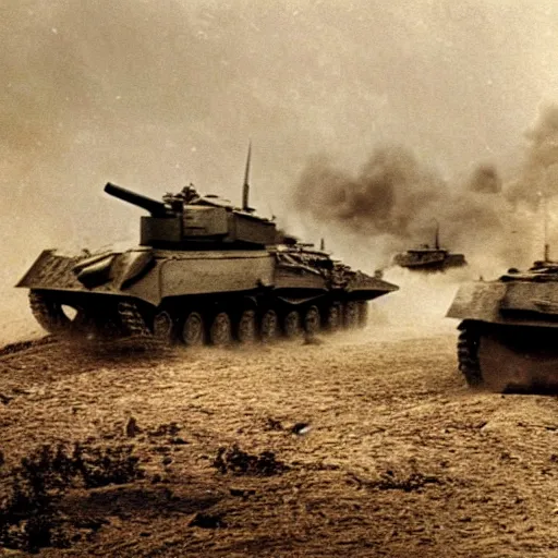 Prompt: photo of a large tank battle in WW1 cinematic framing